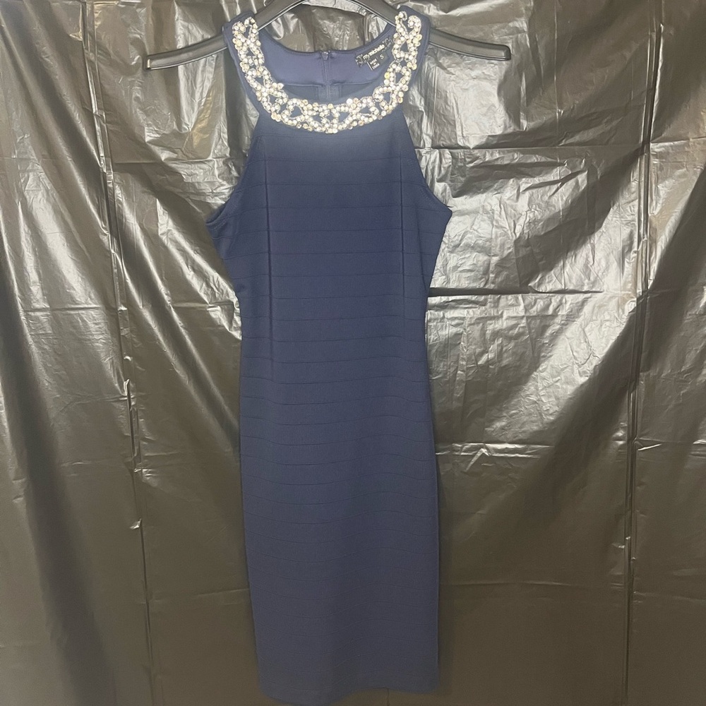 My Michelle Navy Dress with Embellished Neckline